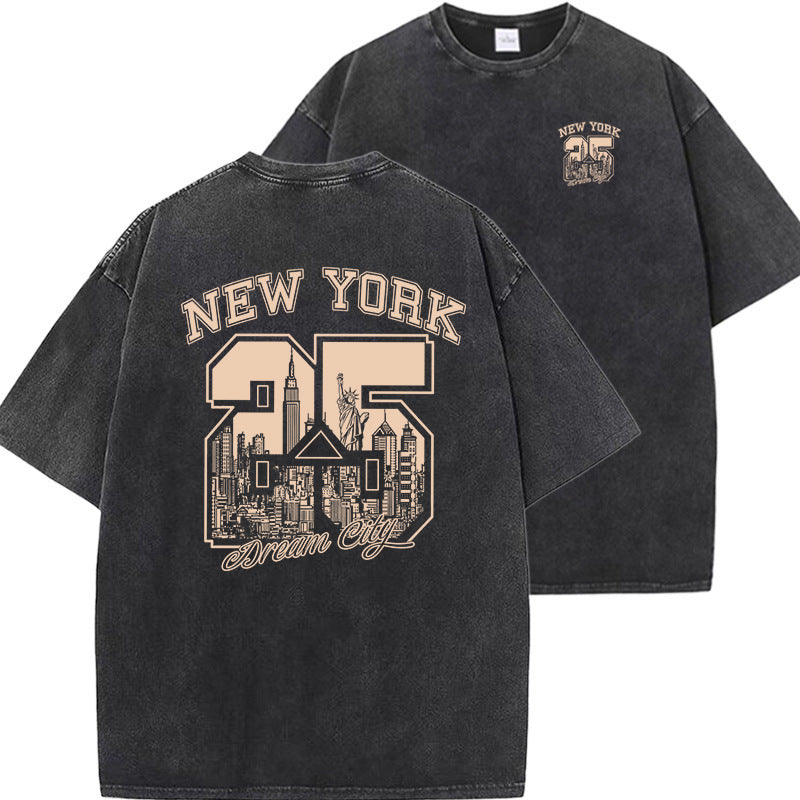 New Vintage Print Washed Short-sleeved T-shirt