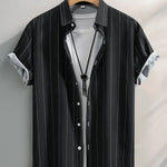 Summer Men's Fashion Trend Stripes Short Sleeve Stand Collar Shirt
