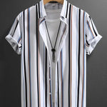 Summer Men's Fashion Trend Stripes Short Sleeve Stand Collar Shirt